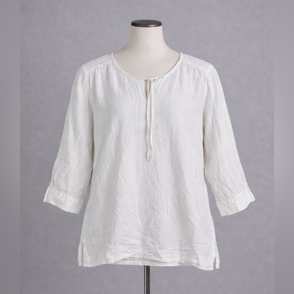 Eileen Fisher Tunic Top Womens XL White 100% Irish Linen Beaded Tie Neck Boho